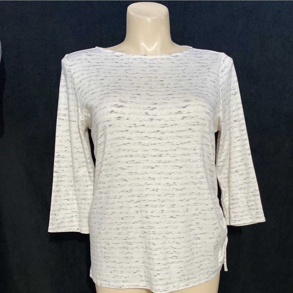 Pure Jill L Top Beige Gray Space Dye Elbow Sl Cotton Drawstring Side Gather Cozy